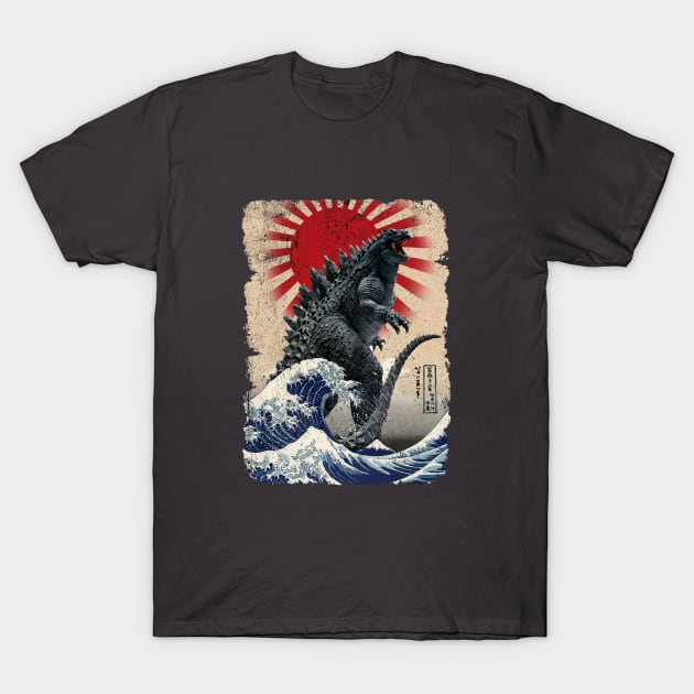 Godzilla and the Wave - Rough T-Shirt by DavidLoblaw